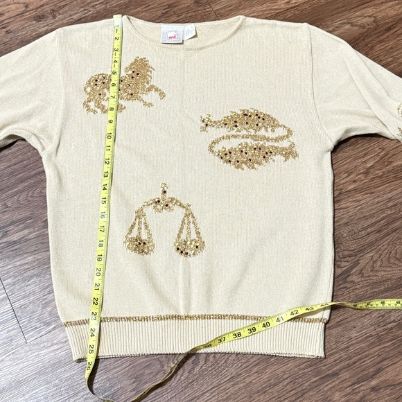 Vintage Mondi Beige and Gold Knit Top With Zodiac Signs with Rivets Size Large - Picture 3 of 12